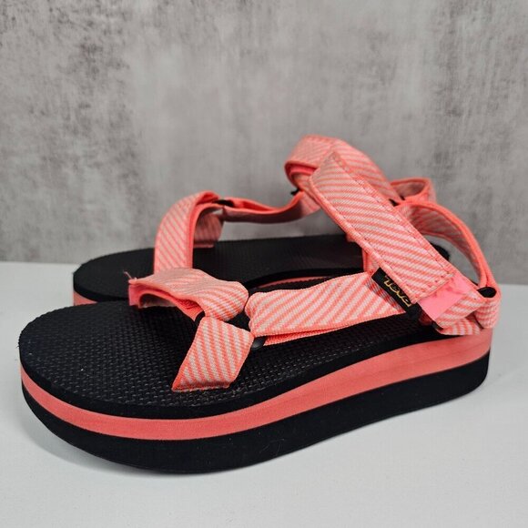 Teva Womens Platform Sandals Pink Coral Black Size 7 Adjustable Straps - Picture 5 of 12